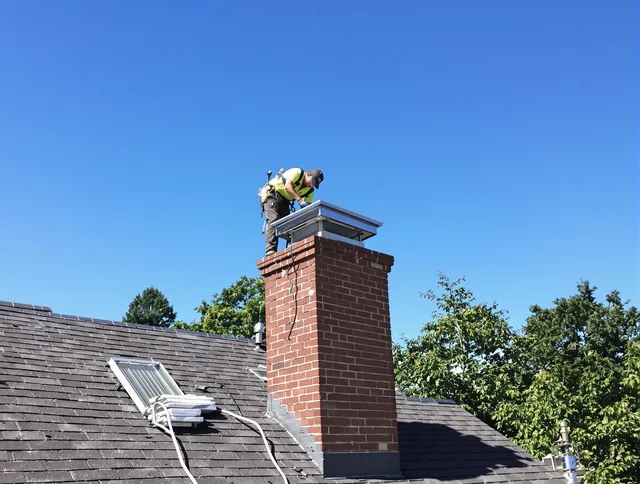 Lyndhurst Chimney Sweep technician measuring a chimney cap in Lyndhurst, OH